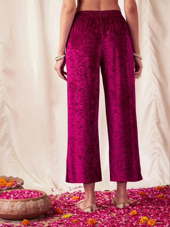 Women Fuchsia Velvet Straight Pants