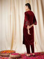 Women Maroon  Velvet Sleeve Embroidered Straight Kurta