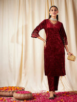 Women Maroon  Velvet Sleeve Embroidered Straight Kurta