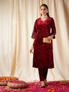 Women Maroon  Velvet Sleeve Embroidered Straight Kurta