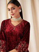 Women Maroon  Velvet Sleeve Embroidered Straight Kurta