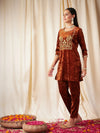 Women Rust Velvet Embroidered Yoke Short Kurta