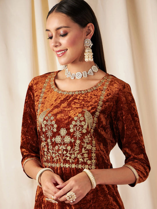 Women Rust Velvet Embroidered Yoke Short Kurta