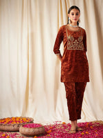 Women Rust Velvet Embroidered Yoke Short Kurta