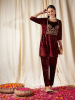 Women Maroon Velvet Pencil Pants