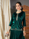 Women Green Velvet Embroidered Short Kurta