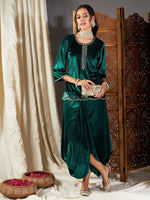 Women Green Velvet Embroidered Short Kurta