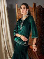 Women Green Velvet Embroidered Short Kurta