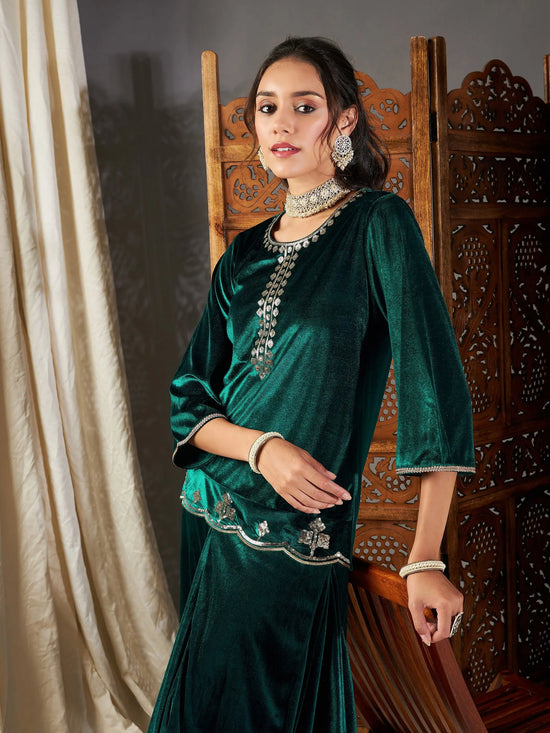 Women Green Velvet Embroidered Short Kurta