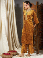 Women Mustard Velvet Straight Kurta