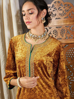 Women Mustard Velvet Straight Kurta