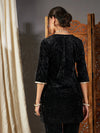 Women Black Velvet Embroidered Yoke Short Kurta