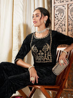 Women Black Velvet Embroidered Yoke Short Kurta