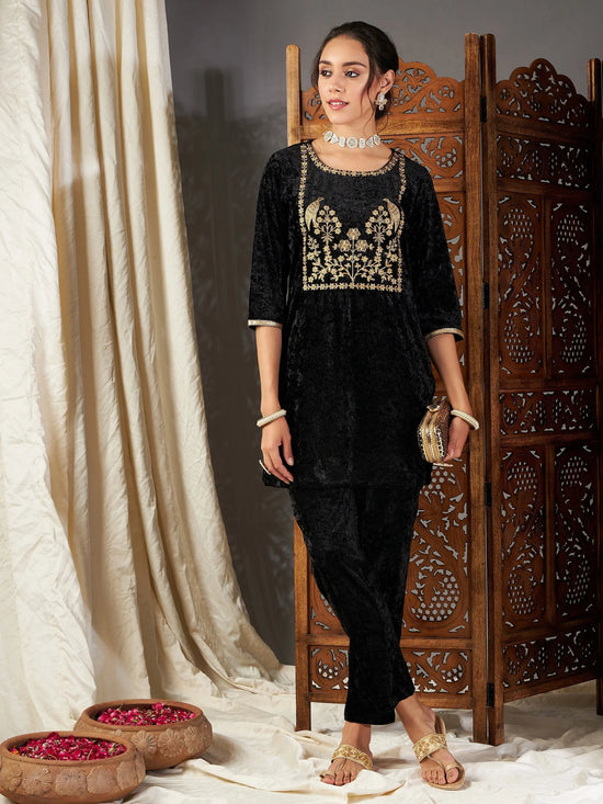 Women Black Velvet Embroidered Yoke Short Kurta