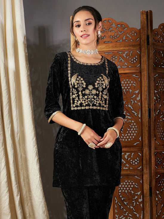 Women Black Velvet Embroidered Yoke Short Kurta