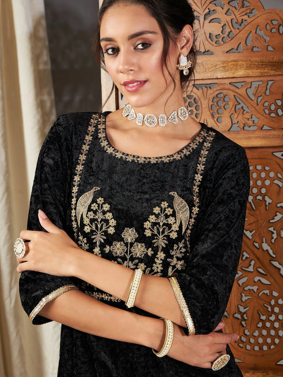 Women Black Velvet Embroidered Yoke Short Kurta