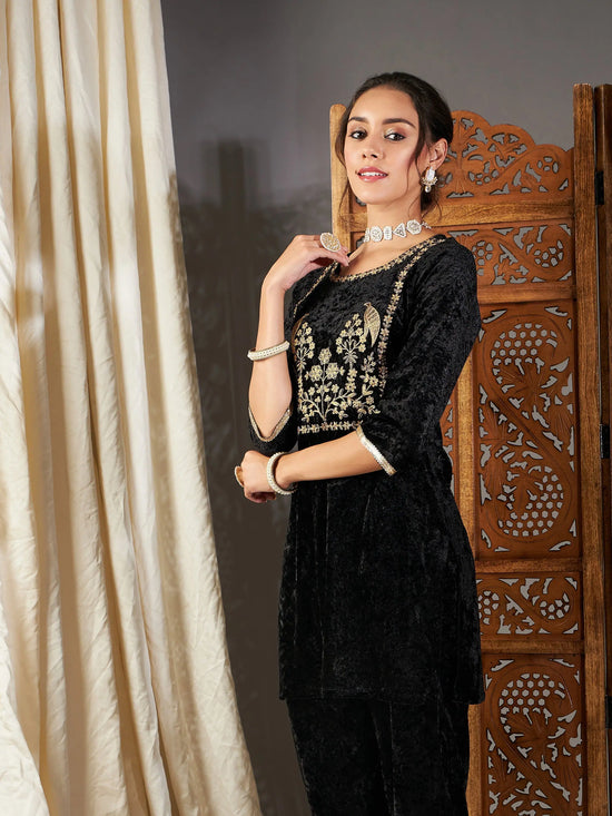 Women Black Velvet Embroidered Yoke Short Kurta