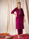 Women Fuchsia Velvet Straight Kurta-SHKUR00303XS