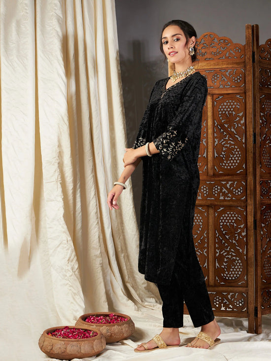 Women Black Velvet Sleeve Embroidered Straight Kurta