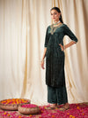 Women Emerald Green Embroidered Neck Straight Kurta