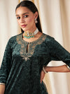 Women Emerald Green Embroidered Neck Straight Kurta