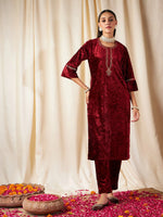 Women Maroon Velvet Pocket Embroidery Straight Kurta