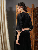 Women Black Velvet Embroidered Short Kurta