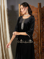 Women Black Velvet Embroidered Short Kurta