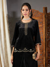 Women Black Velvet Embroidered Short Kurta