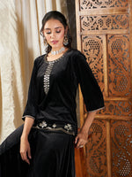 Women Black Velvet Embroidered Short Kurta