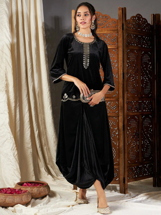 Women Black Velvet Embroidered Short Kurta