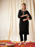 Women Black Velvet Straight Kurta-SHKUR00304XS