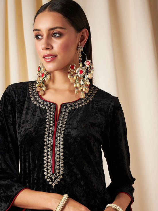 Women Black Velvet Straight Kurta-SHKUR00304XS