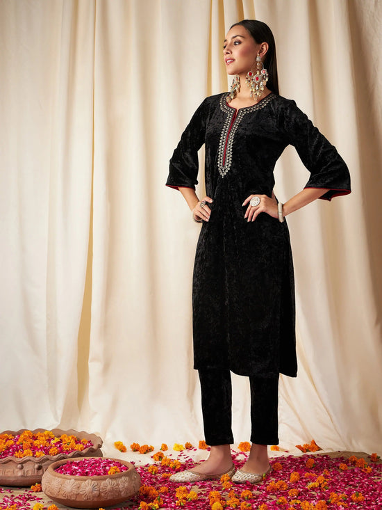 Women Black Velvet Straight Kurta-SHKUR00304XS