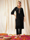 Women Black Velvet Straight Kurta-SHKUR00304XS