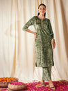 Women Green Velvet Front Embroidered Straight Kurta