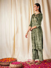 Women Green Velvet Front Embroidered Straight Kurta