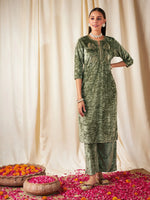 Women Green Velvet Front Embroidered Straight Kurta