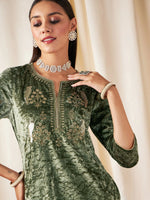 Women Green Velvet Front Embroidered Straight Kurta