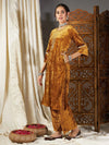 Women Mustard Velvet Pocket Embroidery Straight Kurta