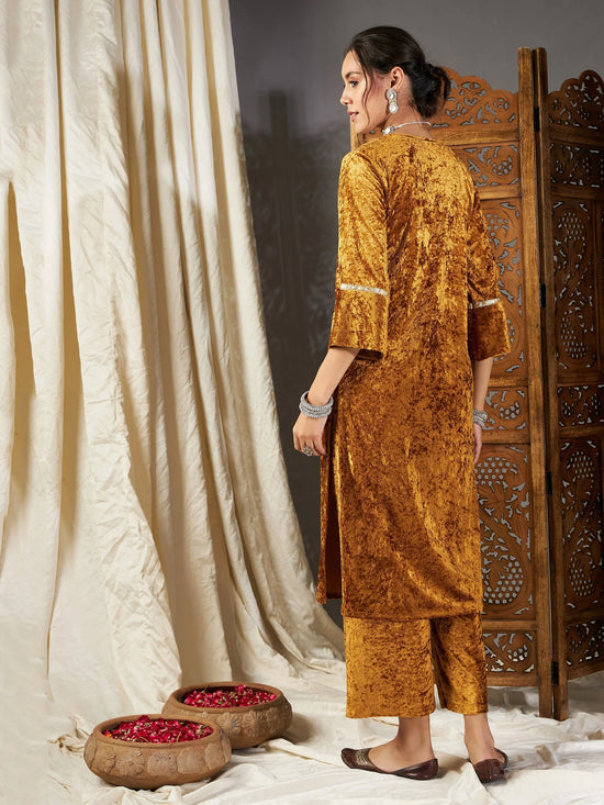 Women Mustard Velvet Pocket Embroidery Straight Kurta