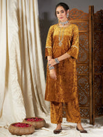 Women Mustard Velvet Pocket Embroidery Straight Kurta