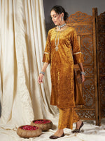 Women Mustard Velvet Pocket Embroidery Straight Kurta