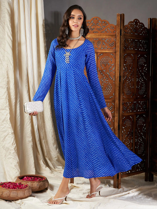 Women Blue Lehariya Anarkali Dress