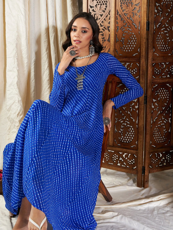 Women Blue Lehariya Anarkali Dress