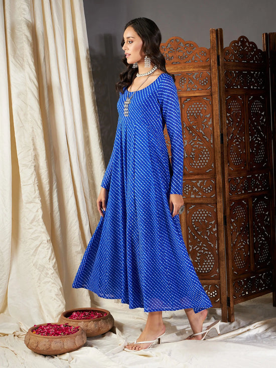 Women Blue Lehariya Anarkali Dress