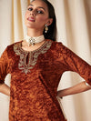 Women Rust Embroidered Neck Straight Kurta