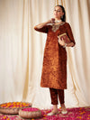 Women Rust Embroidered Neck Straight Kurta