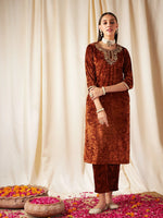 Women Rust Embroidered Neck Straight Kurta