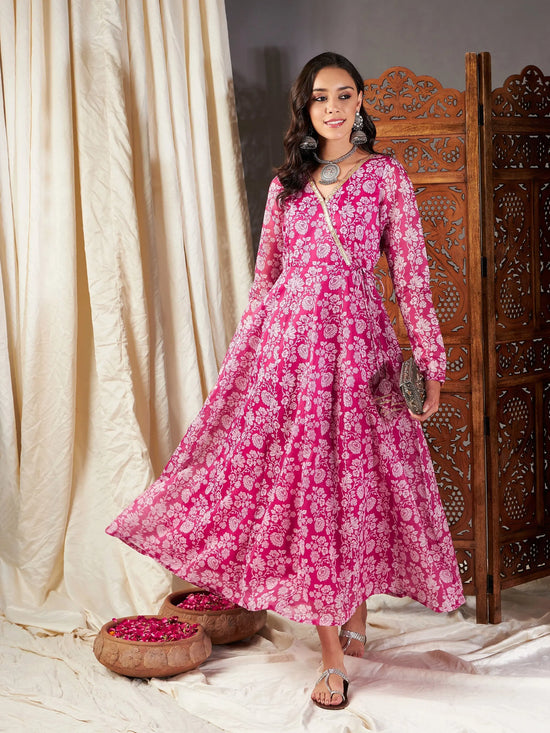 Women Pink Floral Wrap Anarkali Dress